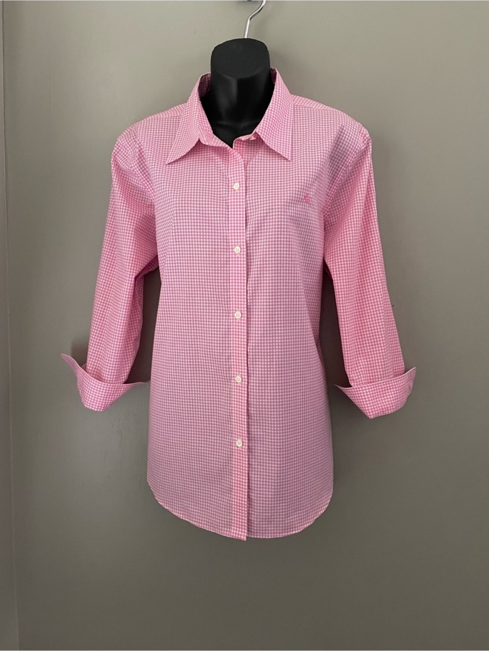 Ralph Lauren White and Pink Gingham Check 3/4 Sleeve Button Down Shirt